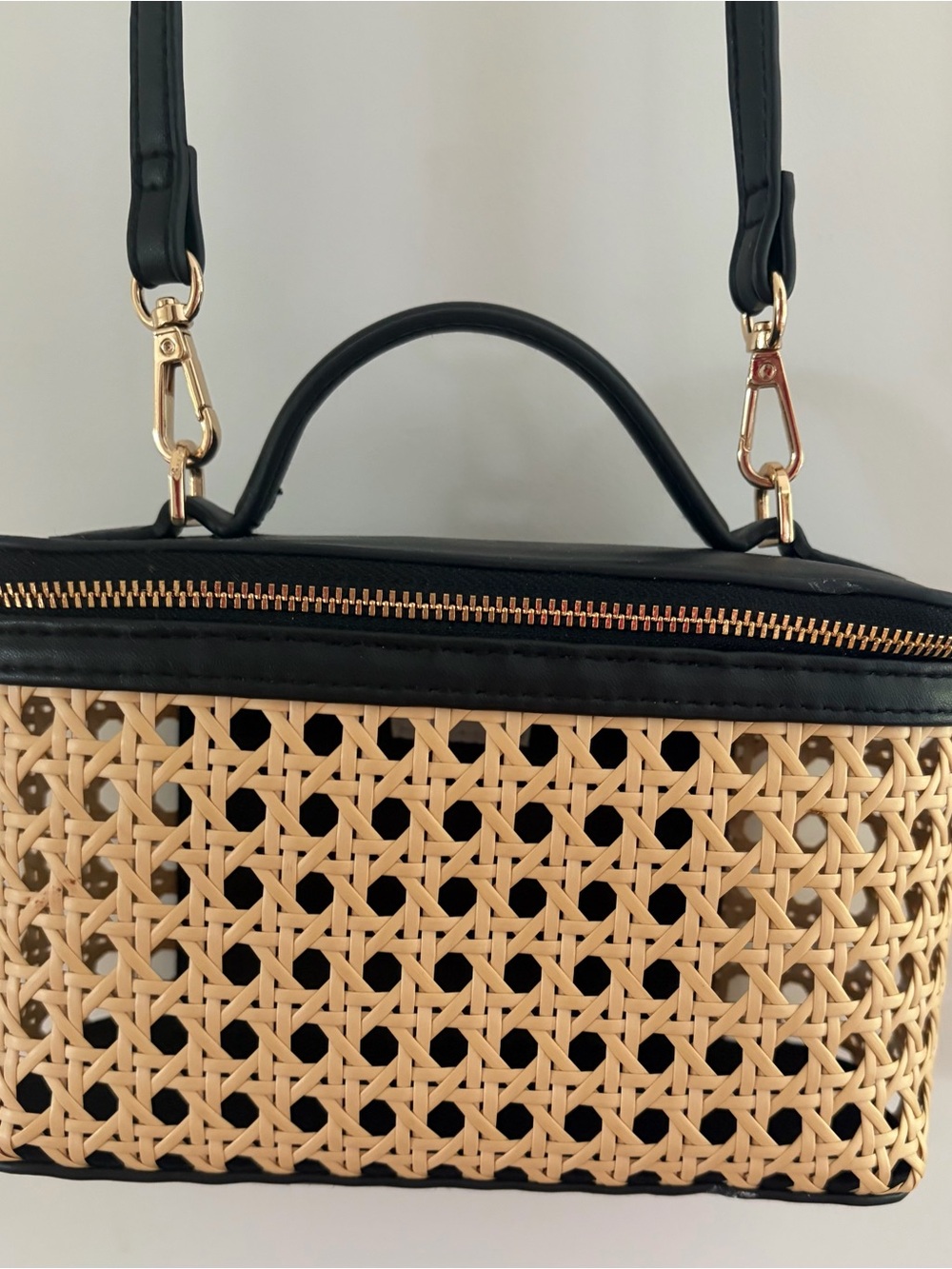 a new day Black Faux Leather Trim Woven Crossbody with Natural Rattan